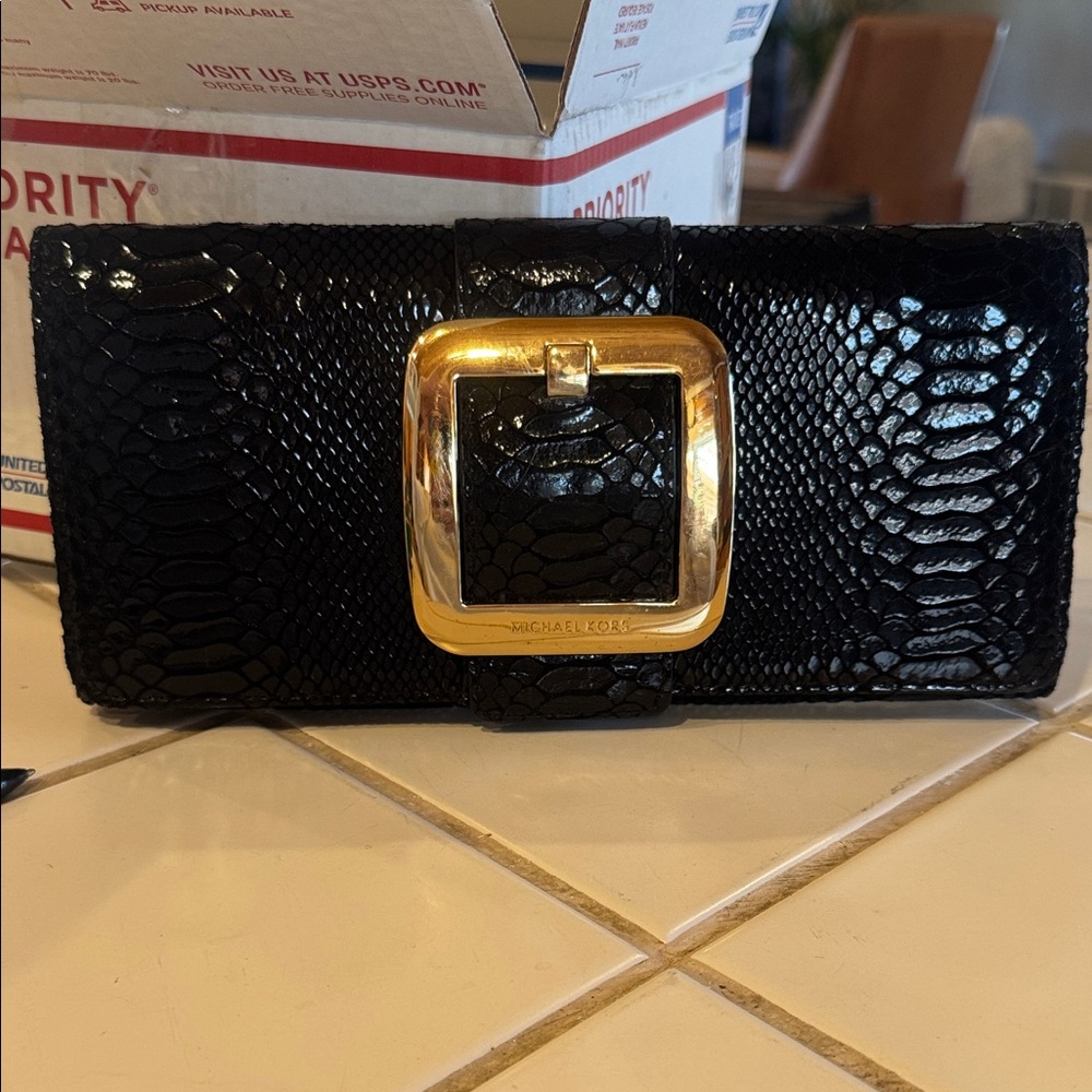 Michael Kors Black Patent Snake-Embossed Clutch with Gold Buckle Accent
